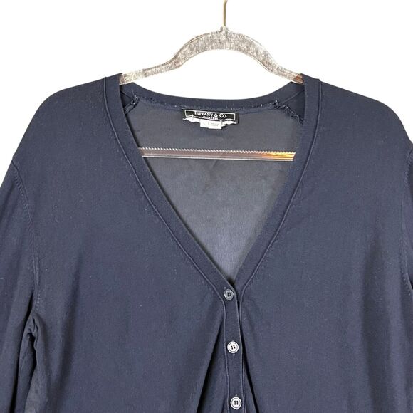 Tiffany & Company Wardrobe Women L Button Cardigan Navy Mix Media Pockets - Picture 2 of 14